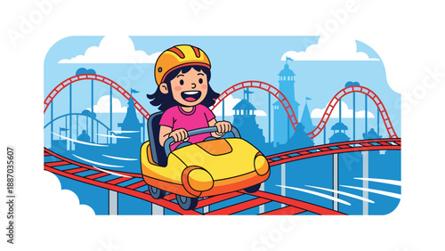 Flat vector illustration of a kid riding a gentle family roller coaster with safety bar, curved track, fun flags, speed lines and park skyline silhouettes. Solid colors, no gradients