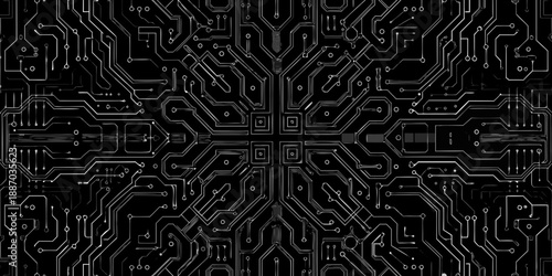 Intricate circuit board pattern with symmetrical design and detailed electronic pathways