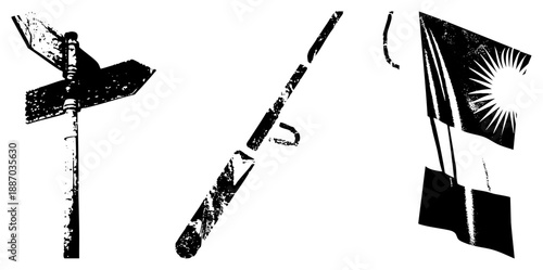 Vintage Directional Signpost, Broken Spear, and Sunburst Flag Silhouettes