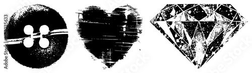 Grunge Styled Button, Heart, and Diamond with Textured Vector Art