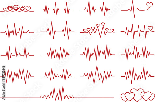 Collection of red heartbeat electrocardiogram lines and heart shapes on white background, vector illustration