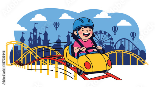 Flat vector illustration of a kid riding a gentle family roller coaster with safety bar, curved track, fun flags, speed lines and park skyline silhouettes. Solid colors, no gradients
