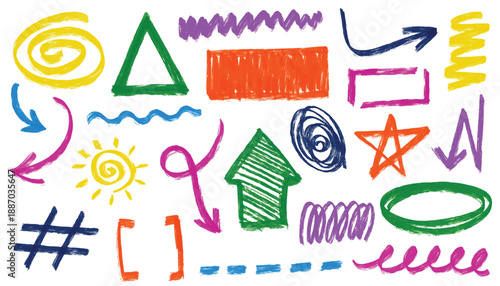 Crayon pencil hand drawn chalk pen doodle art. Simple colorful highlighter set. Pastel textured scribbles, square, spiral,  stripes, arrow elements and icons. Marker underline strokes paint brush