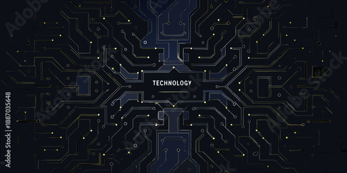 Abstract futuristic circuit board pattern with glowing lines and technology text