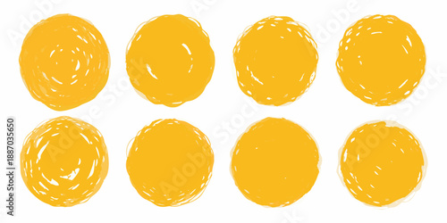 A collection of eight roughly oval textured yellow shapes on a white background