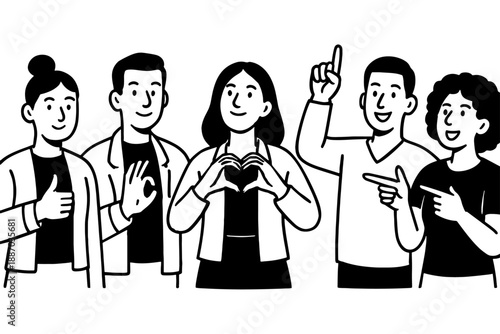 set of cartoon people,
Happy Friends Doodle Set – Diverse People & Hand Gestures Vector
