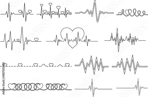 Set of 15 distinct electrocardiogram (ECG) and heartbeat line variations, including heart shapes, for medical, wellness, and emotional themes.