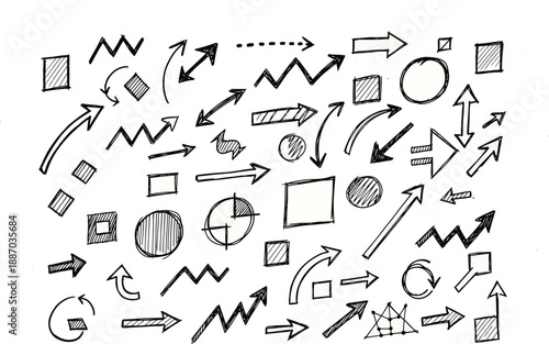 A dynamic collection of sketchy arrows, circles, squares, and zigzags in black and white, ideal for creative projects and annotations.