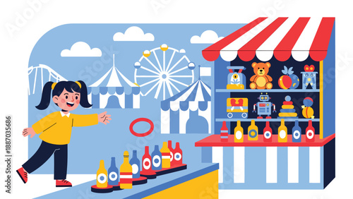 Flat vector illustration of a kid playing ring toss at a carnival game stall with striped canopy, prize shelves, ticket counter and round bulb lights. Solid colors, no gradients