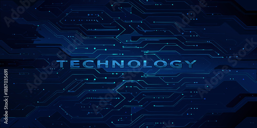 Abstract technology background with glowing blue circuit board pattern and text