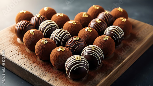 A beautifully arranged assortment of chocolate truffles on a wooden board