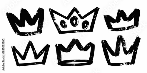 A collection of hand drawn black and white crown illustrations arranged in a grid