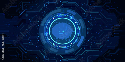Futuristic digital circuit with a glowing central processing unit and network connections