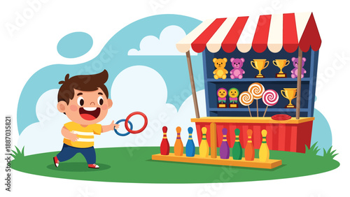 Flat vector illustration of a kid playing ring toss at a carnival game stall with striped canopy, prize shelves, ticket counter and round bulb lights. Solid colors, no gradients
