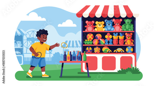 Flat vector illustration of a kid playing ring toss at a carnival game stall with striped canopy, prize shelves, ticket counter and round bulb lights. Solid colors, no gradients
