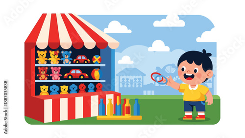 Flat vector illustration of a kid playing ring toss at a carnival game stall with striped canopy, prize shelves, ticket counter and round bulb lights. Solid colors, no gradients