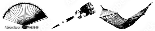 Vintage Fan, Paintbrush, and Hammock Vector Silhouettes in Halftone Style