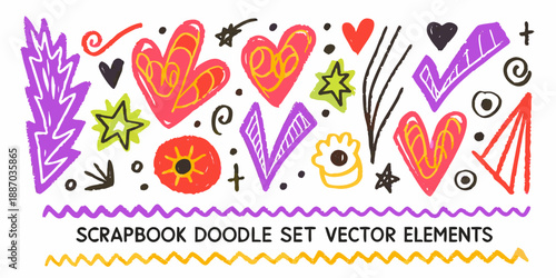 Colorful hand drawn hearts stars and doodle elements on a white background