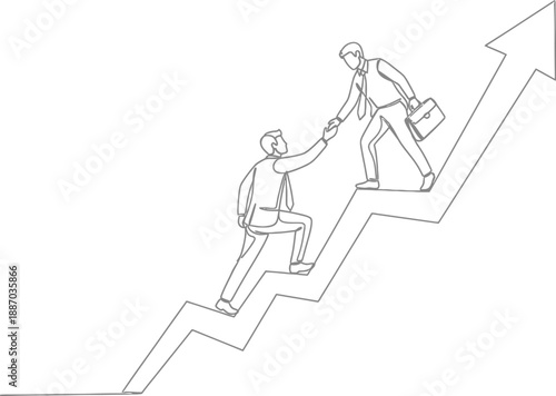 A businessman helps another climb an upward arrow graph, illustrating mentorship, support, and career advancement through single line art.