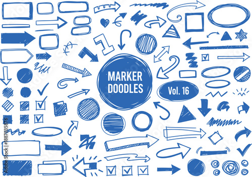 A vibrant collection of blue hand-drawn marker doodles including arrows, shapes, checkmarks, and speech bubbles for creative design elements.