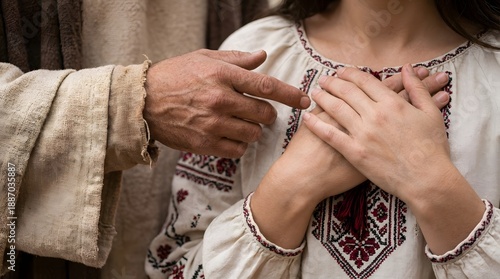 A man touches a womans heart. Jesus Christ showing compassion and healing to faithful woman, concept of religion and Christian faith.