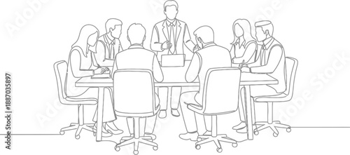 Boardroom meeting scene illustrated with a continuous line drawing, capturing the dynamic interaction of a business team.