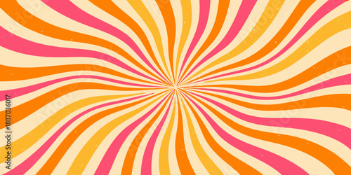 Radiating lines in shades of orange pink and cream create a dynamic background