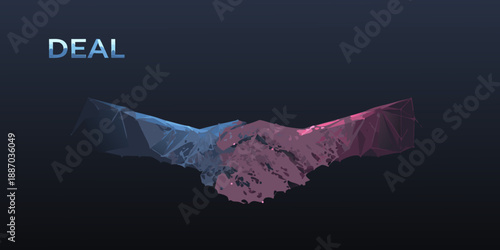 A polygonal handshake illustration with the word deal above it