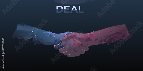 A polygonal handshake illustration with the word deal displayed prominently above