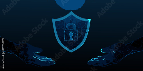 Digital security and protection hands safeguarding a shield with a lock