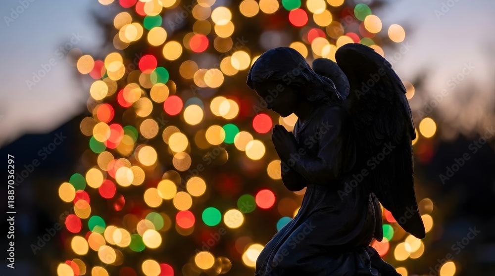 Obraz premium Angel sculpture kneeling in prayer with twinkling Christmas tree lights bokeh in background. Religious holiday concept for Christmas.