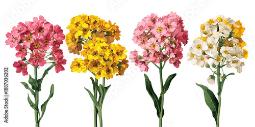 Vibrant tropical hibiscus flowers and exotic green leaves watercolor illustration set