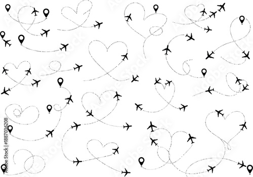 Collection of whimsical airplane flight path illustrations, with planes creating heart shapes and swirling loops, ideal for travel and romantic themes.