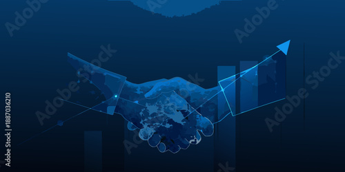 A digital handshake with rising graph lines representing partnership and growth
