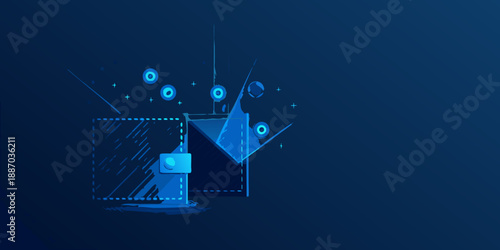 Abstract digital illustration of a portal with floating geometric shapes