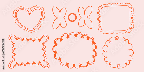 Collection of hand drawn doodle style frames and shapes in reddish pink