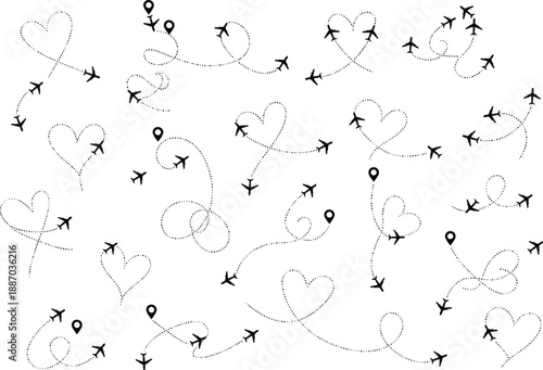 Set of hand-drawn airplane path icons forming hearts and loops, illustrating travel, love, and journey concepts with dotted lines and small planes.