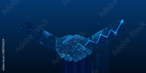 Digital handshake with rising graph and data visualization representing partnership