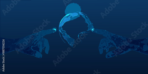 Abstract digital illustration of a person with outstretched hands in blue tones