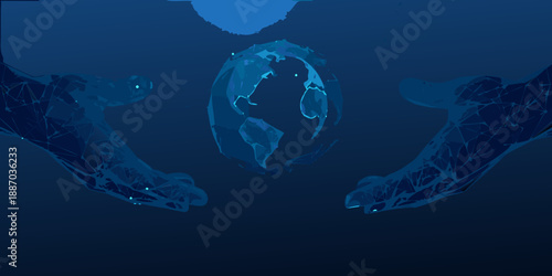 A dark blue abstract image with a glowing earth held by two hands