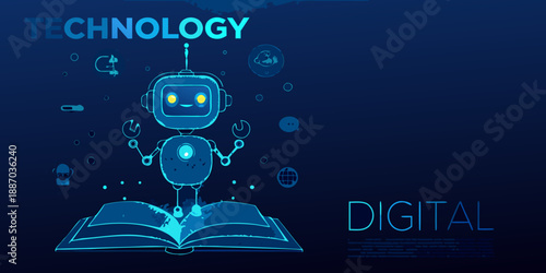 A friendly robot learning from an open book in a digital technology setting