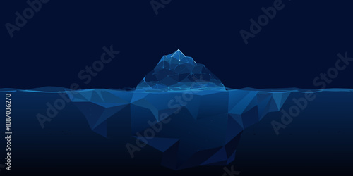 A polygonal illustration depicts an iceberg in a dark cold ocean