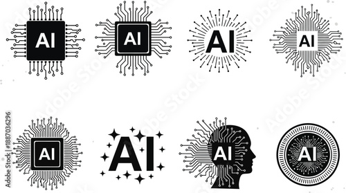 AI technology icons: stylized circuit board chips and radiant "AI" lettering with sparkling effects, representing artificial intelligence.