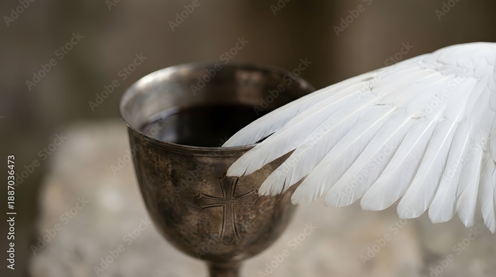 Obraz premium White dove wing with feathers dipped into a silver chalice cup with a cross. Christian symbol representing the Holy Spirit concept.