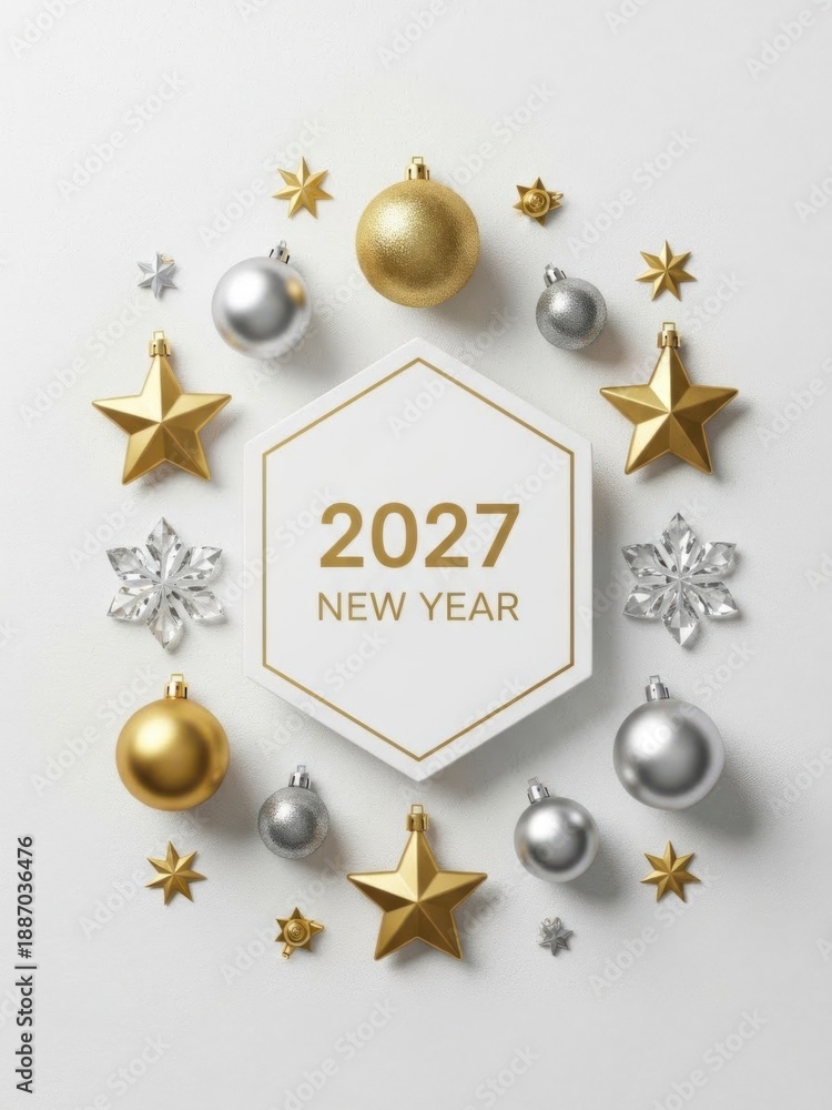 Fototapeta premium Elegant festive arrangement of gold and silver christmas ornaments with snowflakes and stars for new year celebration 2027