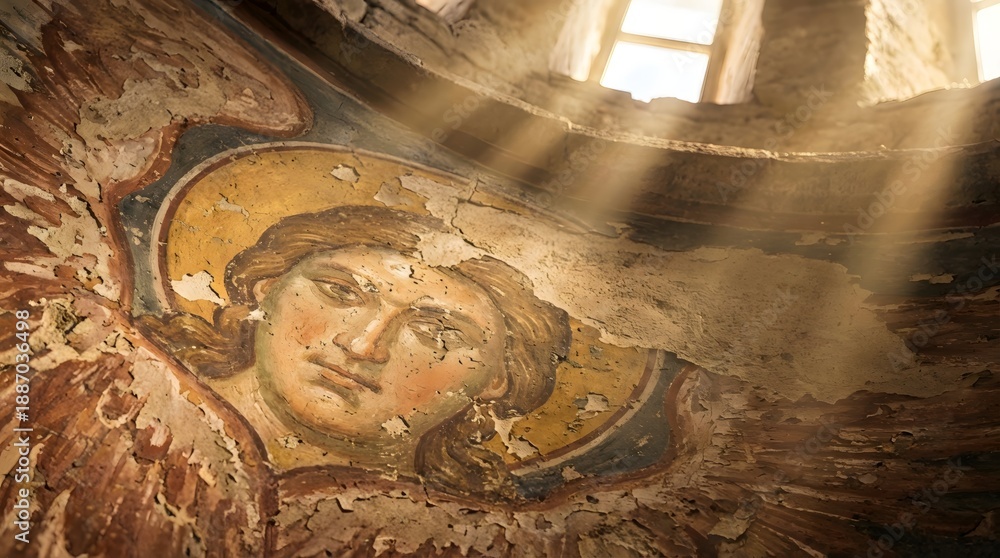 Fototapeta premium Ancient fresco of a male angel with a halo in an old church. Religious art and history concept for Christian themes.