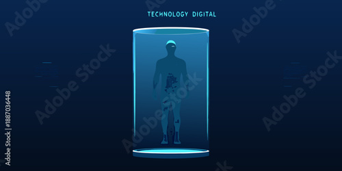 A digital human form encased within a glowing cylindrical chamber