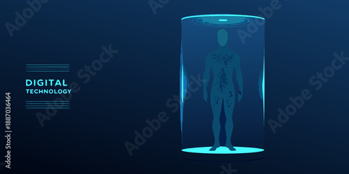 Futuristic human silhouette inside a glowing cylindrical digital technology capsule
