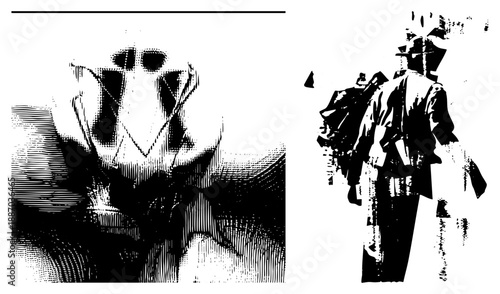 Halftone Portrait of Masked Figure and Dressed Man in Stylized Black and White