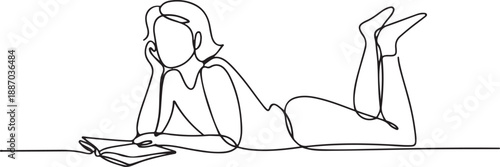 One Continuous Line Art of a Reader Lying on the Floor with an Open Book – Relaxed Minimal Illustration